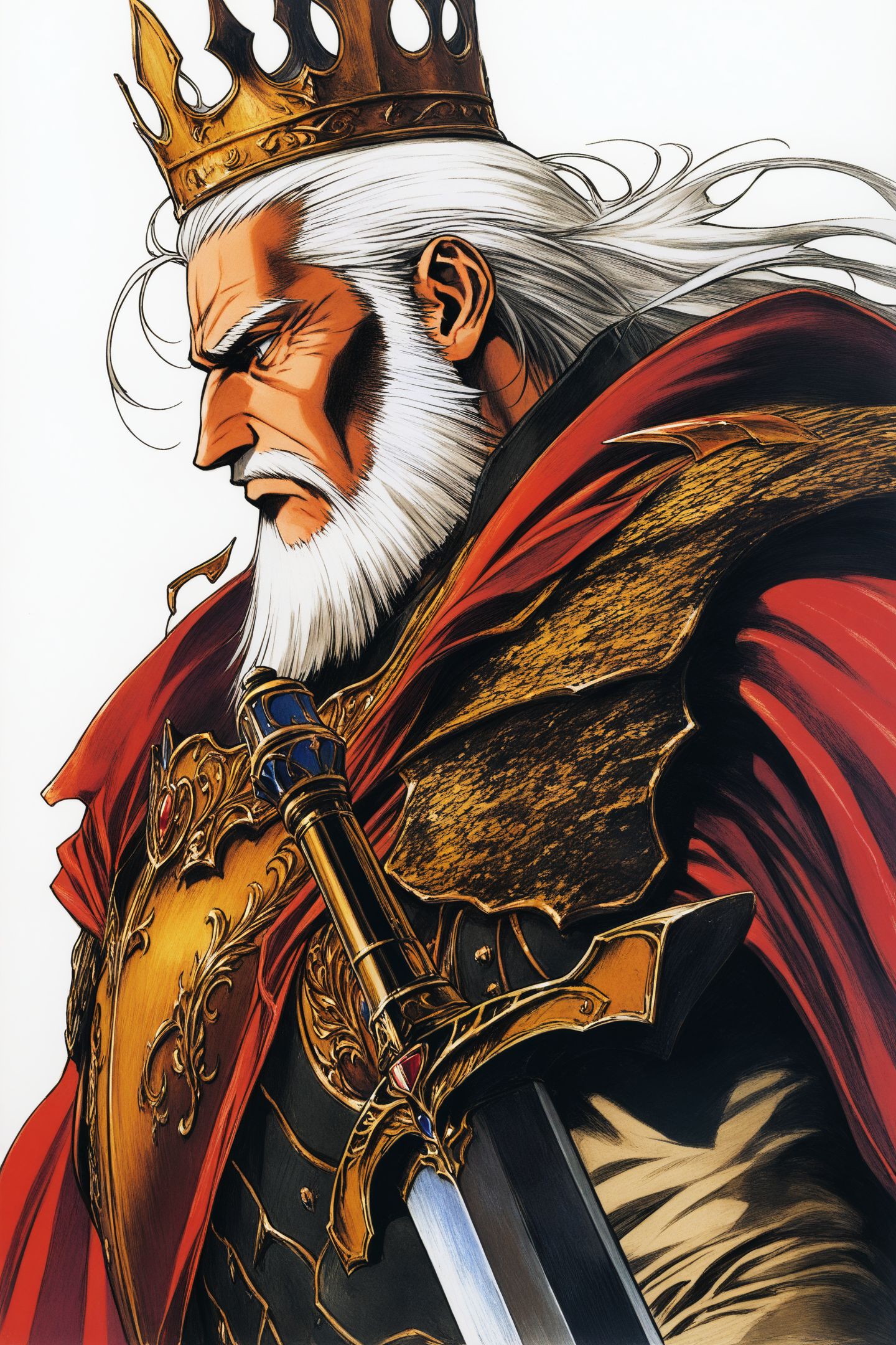 masterpiece,best quality,high quality,high score,great score,absurdres,
1boy,male focus,solo,weapon,facial hair,beard,cape,traditional media,holding,holding weapon,profile,grey hair,upper body,white hair,white background,armor,from side,old man,retro artstyle,crown,sword,
<lora:yuuki nobuteru_XL_v2:0.8>,