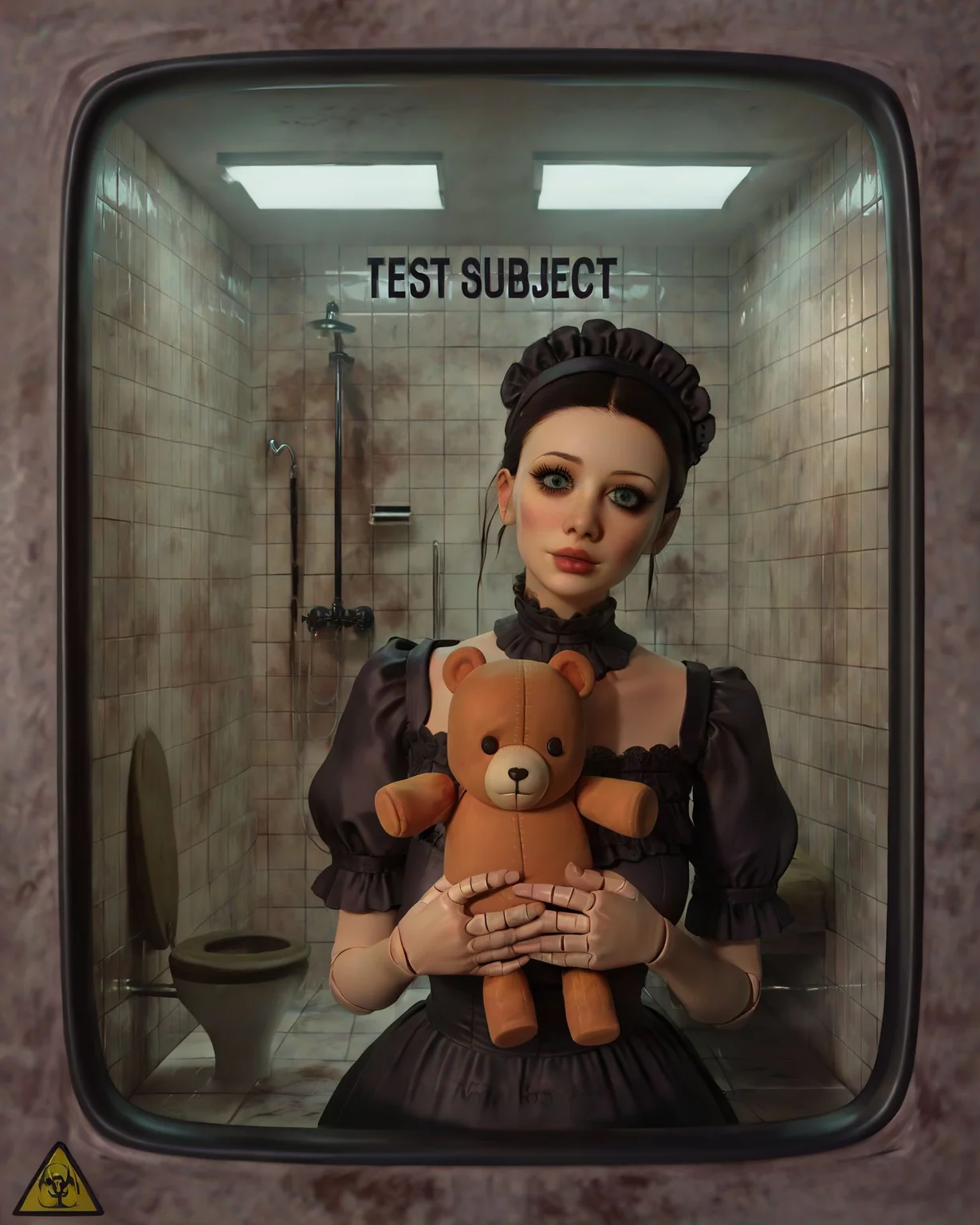 <lora:testchamberV2:0.8> testchamber, glass wall, tiles, liminal space, close-up, doll joints, victorian dress, puffy sleeves, doll, stuffed toy, toy, looking at viewer, creepy, dirty, leaning against glass,, score_9, score_8_up, score_7_up, score_6_up, score_5_up, score_4_up, ponypositive,