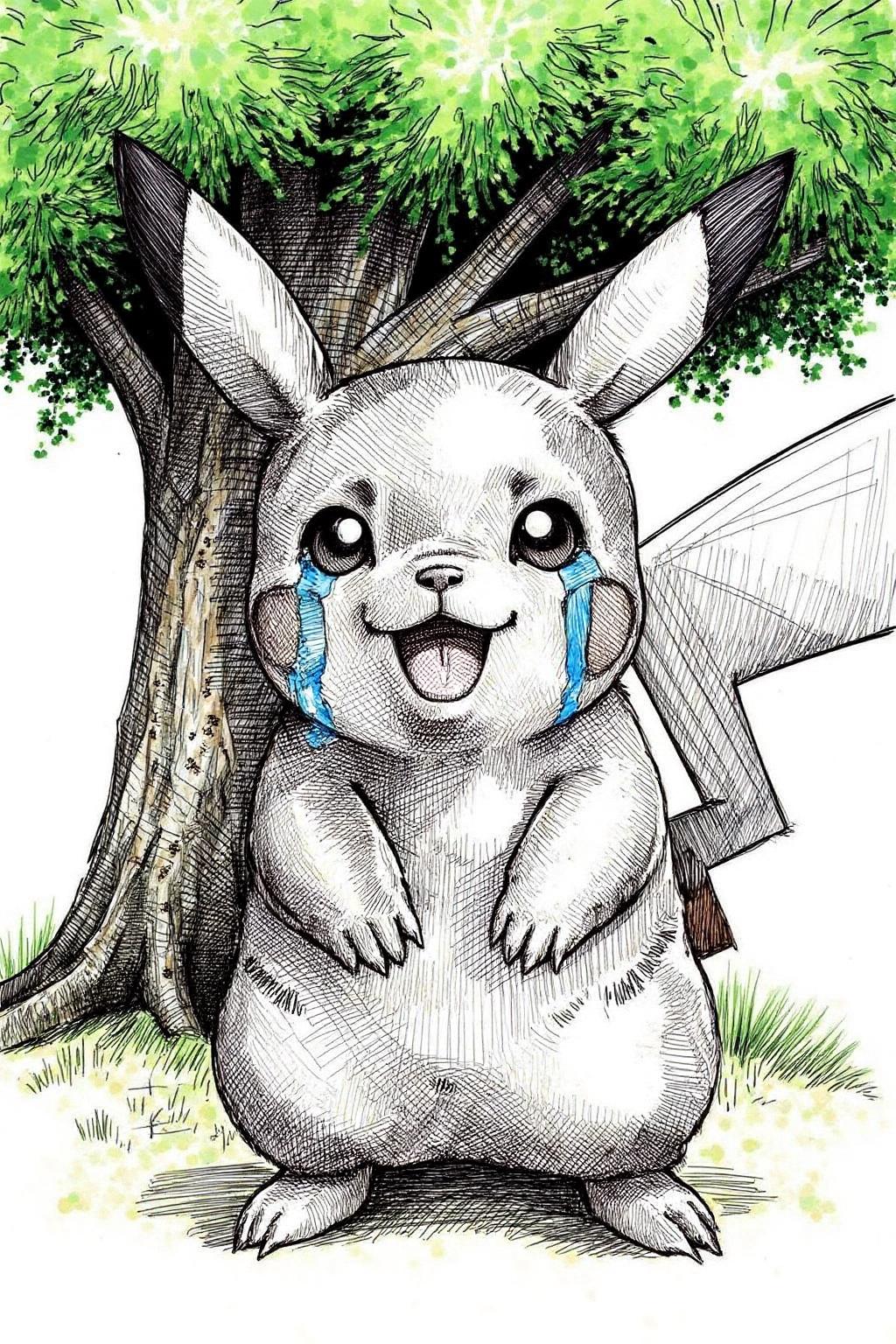 crosshatch black and white drawing of Pikachu crying, large tear drops on his face, under a green tree
 <lora:crosshatch2_nocap_d6a3:1.0><lora:809158331177610074:0>