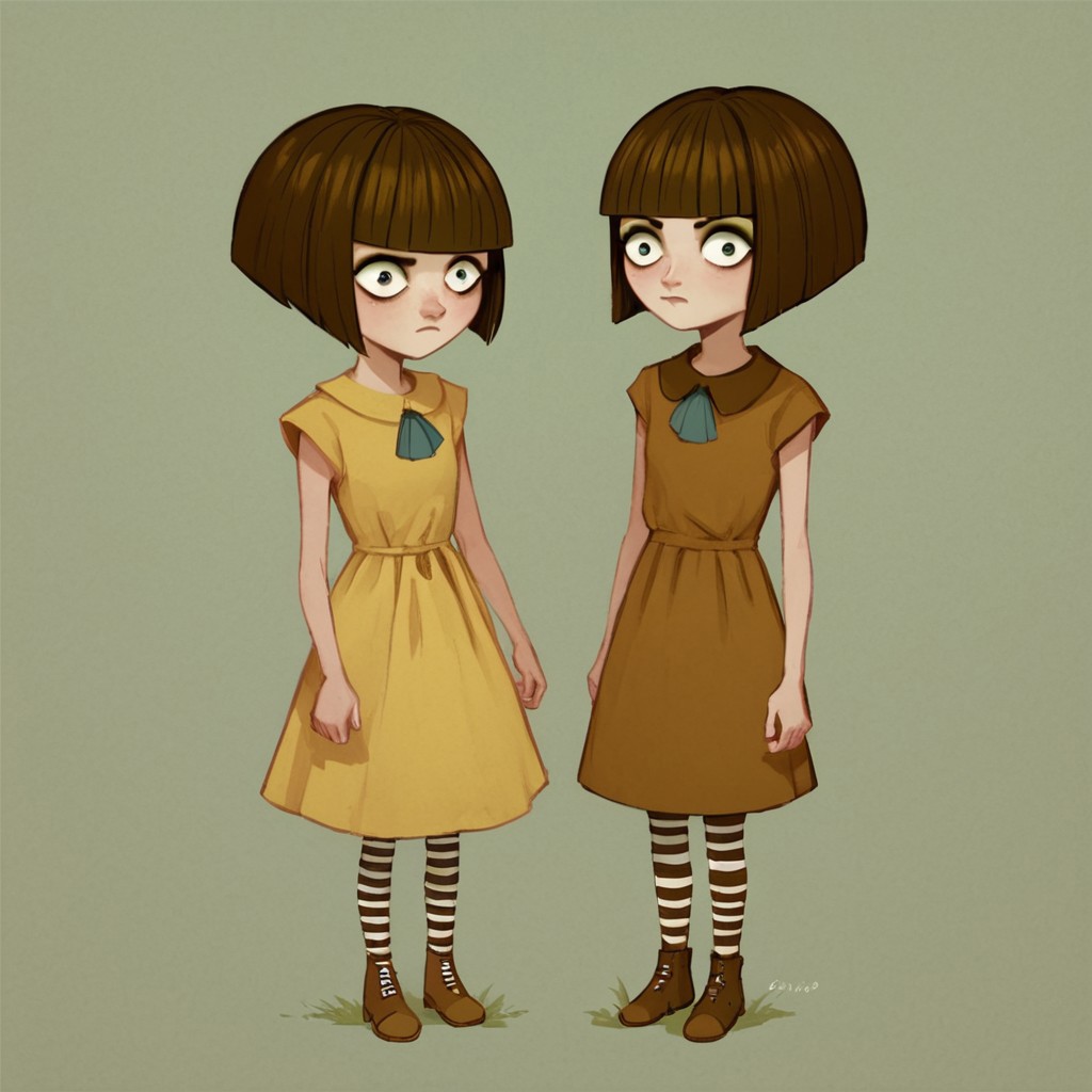 score_8, score_9, FB, bob cut, blunt bangs, brown hair, dress, striped pantyhose