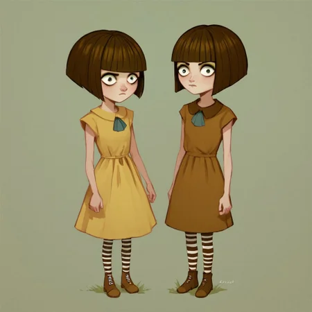score_8, score_9, FB, bob cut, blunt bangs, brown hair, dress, striped pantyhose