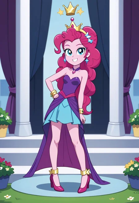 score_9, score_8_up, score_7_up, score_6_up, from My Little Pony Equestria Girls, a very young little human girl Pinkie_Pie wearing a fit blue|sky|green|brown|darkpurple|red|yellow gradients colors short princess dress, elegant detailed princess shoes, solo, 1girl, little princess girl, dark pink hair with crown hairband, smile, childhood, looking at viewer, glow detailed eyes, garden of canterlot, tul, chiffon, laces, semi realistic cartoon, unreal engine 5, full body close-up, absurdres, digital art, soft light, perfect hands, perfect, hands, perfection, soft pink skin, skyblue eyes, party accesories and shoes, jewelry, tres chic,<lora:age_slider_v4:-4>,