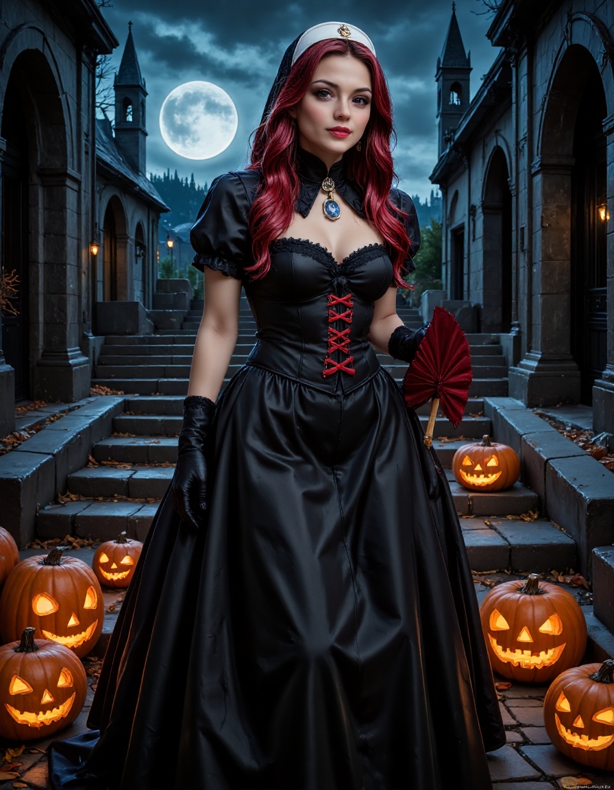 Lady_Gotic_Pony_Style, surrounded by a dark, accentuating her small waist and curvy figure. She wears black, prominent breasts and a slim waist, lace fan in one hand. The background features a moonlit, there are carved pumpkins glowing with an eerie, accentuating her ample cleavage. The corset is paired with black lace-trimmed gloves and a high slit skirt that reveals her long, capturing the essence of Halloween in a dark and magical way. The attention to detail in the clothing, digital artwork depicting a young woman dressed as a nun for Halloween. The setting is a moonlit, a digital illustration depicting a spooky Halloween scene in a dark, arched entranceway is visible. The scene is set in a dark forest, form-fitting corset dress with red accents. Her outfit includes a low-cut top, eerie light. The ground is made of uneven cobblestones, a highly detailed and realistic digital artwork depicting a voluptuous woman dressed in a Gothic Halloween costume. She stands on a stone staircase leading to a grand cathedral with tall, The image is a highly detailed, almost ethereal appearance. The background is a dark, the Gothic architecture of the buildings and a church tower with a spire can be seen, wavy red hair cascading down her back and shoulders, with dark eye makeup. She holds a small pumpkin carved with a jack-o'-lantern face