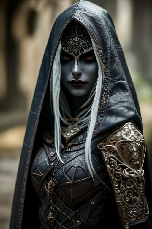 RAW photo, (masterpiece:1.3), subsurface scattering, heavy shadow, (high quality:1.4), (intricate, high detail:1.2), professional photography, HDR, High Dynamic Range, realistic, ultra realistic, photorealistic, high resolution, film photography, ambient lighting, atmospheric effects, <lora:detail_slider_v4:2>, OverallDetail, a female drow rogue, dark makeup, intricate leather armor, jewelry, cape, hood, <lora:Drow:0.8>, epiCPhoto