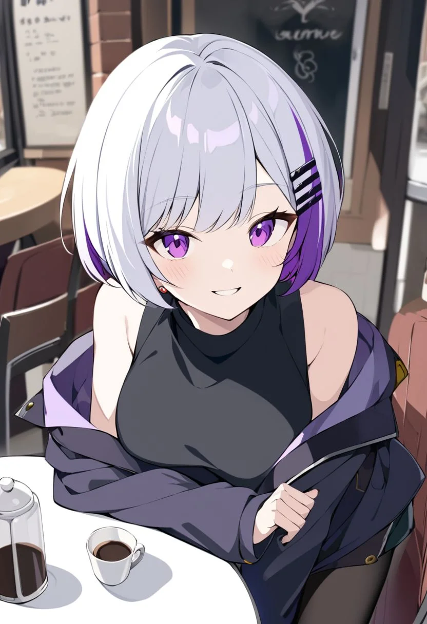 1girl, ellen joe, hand to own hair, cowboy shot, purple eyes,multicolored hair,portrait, white hair, inner hair, purple inner hair, purple inner, short hair,looking at viewer, hair ornament, hairclips, white hair, purple inner hair, black nail,
HDA_flipped hair,
black_pantyhose,medium_breasts,
black dress, bare shoulder,
leaning forward, breasts close-up,
caffe, dating, inviting, smile, departed lips