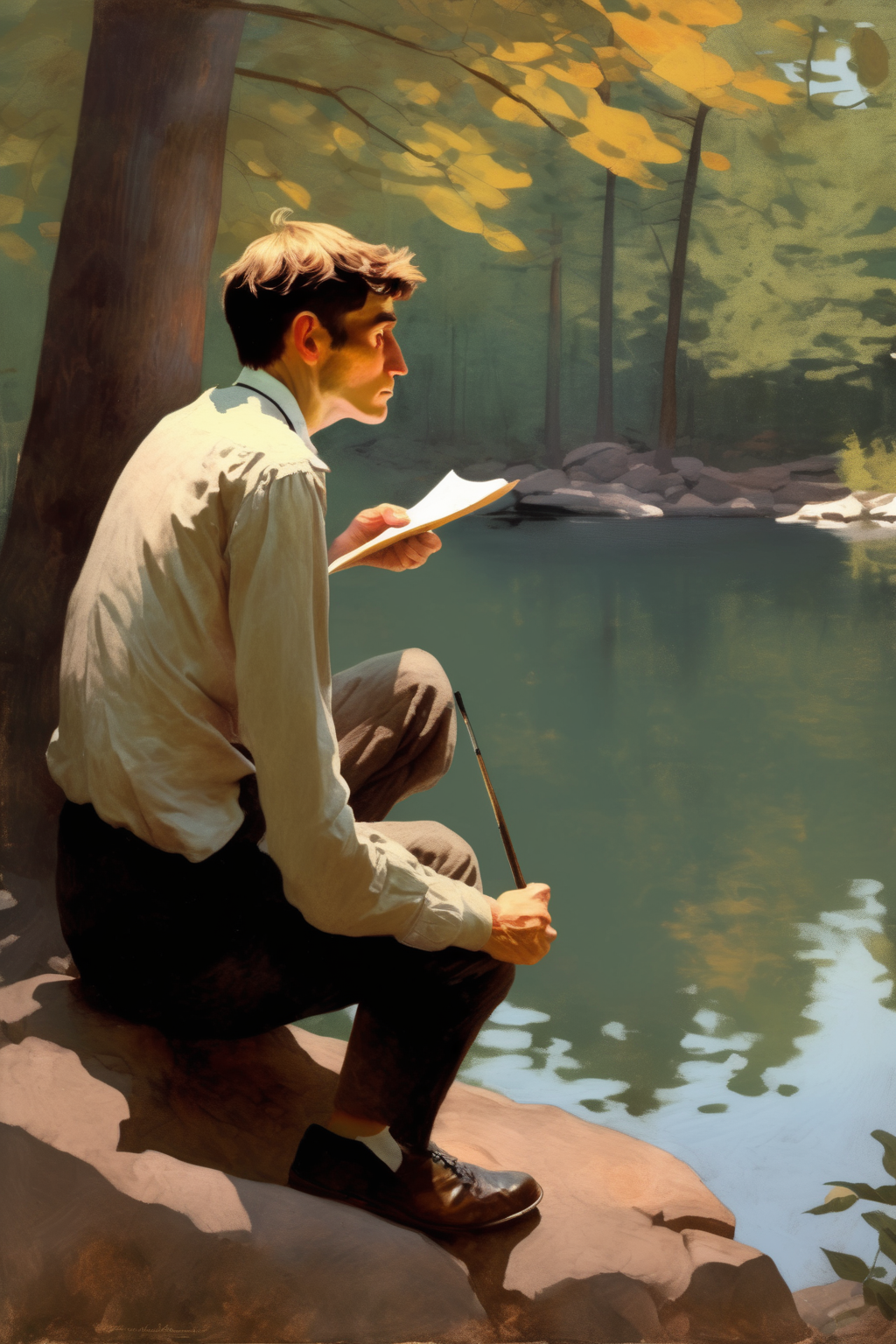 <lora:Winslow Homer Style:1>Winslow Homer Style - A youthful Thoreau sitting by Walden Pond, listening to the wisdom of an old man yet with a rebellious spark in his eyes, as an irresistible inner voice urges him to reject conventional wisdom and follow his own pat