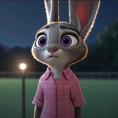 judyhopps confused, dark, night, backlighting, solo, pink shirt, jeans, arms at sides, front view, portrait <lora:judyhopps-v1-ponyv6xl:1>