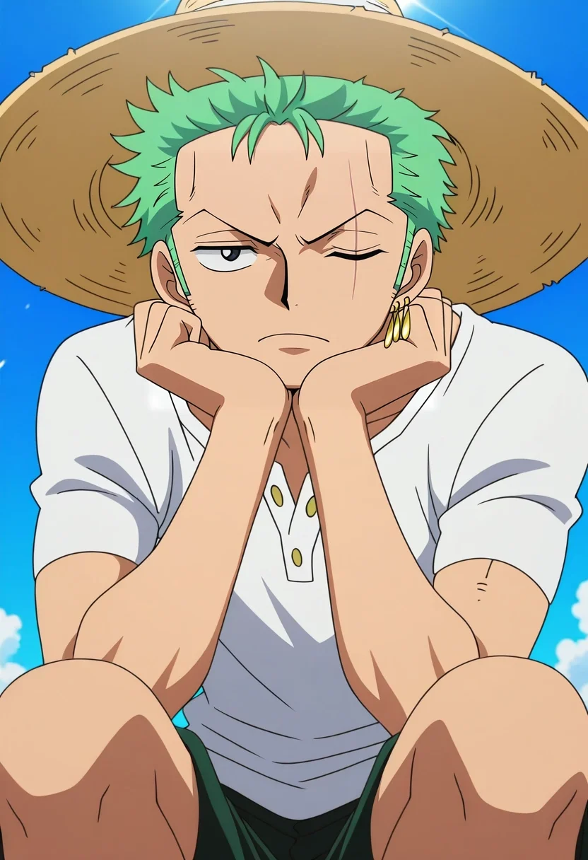 masterpiece, best quality, intricate details, anime screencap, anime coloring, official style, , 1boy, solo, male focus, <lora:zoro_roronoa_ilxl:0.96>, zoro_roronoa, green hair, black eyes, short hair, post timeskip, scar across eye, one eye closed, , earrings, , , shorts, sun hat