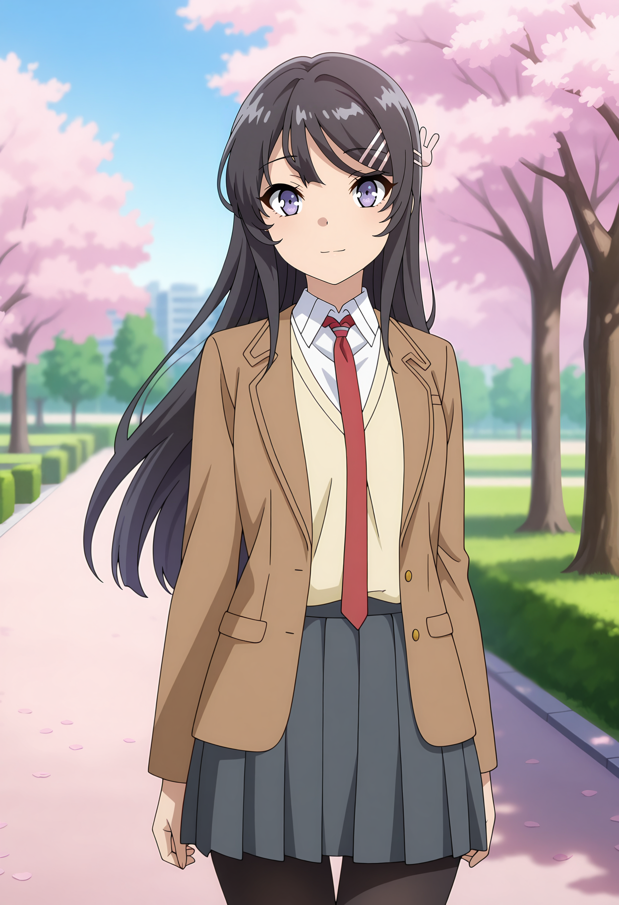 anime screencap, masterpiece, best quality,
<lora:SeishunButaYarou_SakurajimaMai_IlluXL:0.9>,
1girl, solo, closed mouth, light smile, light blush,
long hair, black hair, purple eyes, hairclip, rabbit hair ornament,
MaiSchool, blazer, open jacket, brown jacket, yellow vest, white shirt, long sleeves, red necktie, pleated skirt, grey skirt, black pantyhose,
standing, looking at viewer, cowboy shot,
blurry background, outdoors, park, blue sky, cherry blossoms
