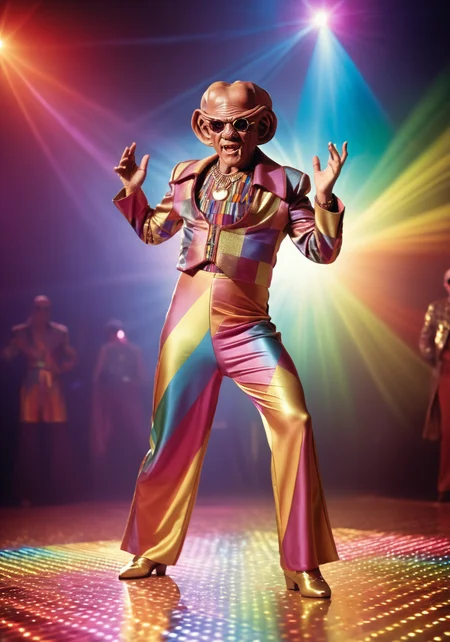 professional photography, raw photo, full body, quark man as disco dancer, Flared trousers, (80s, retro:1.1), dance floor, lasers, rainbow theme, sunglasses, highly intricate, extremely detailed, big depth of field, cinematic lighting, stunning, breathttaking. <lora:Quark-Man-SDXL-000004:1>