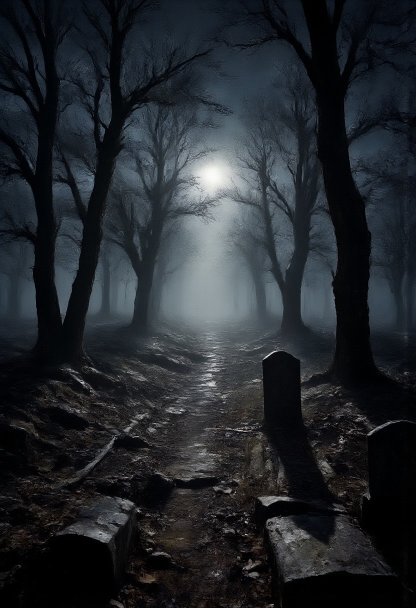a haunted forest, cemetery, a ghost walking around, night, broken sticks and dry leaves everywhere, a mud house indistinct at far distance in background, smoke and fog, moonlight,