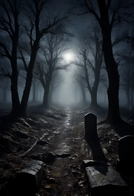 a haunted forest, cemetery, a ghost walking around, night, broken sticks and dry leaves everywhere, a mud house indistinct at far distance in background, smoke and fog, moonlight,
