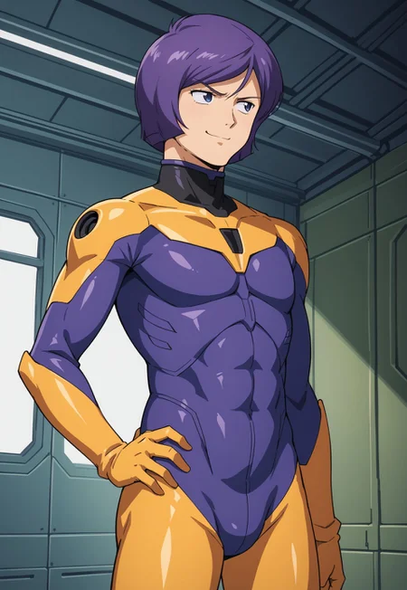 score_9, score_8_up, score_7_up, source_anime, cowboy shot, BREAK, ( garma_zabi, black eyes, violet hair, best eyes, looking to the side, smug expression, pilot suit, ) 1boy, male focus, solo, BREAK, hangar, zaku in background,