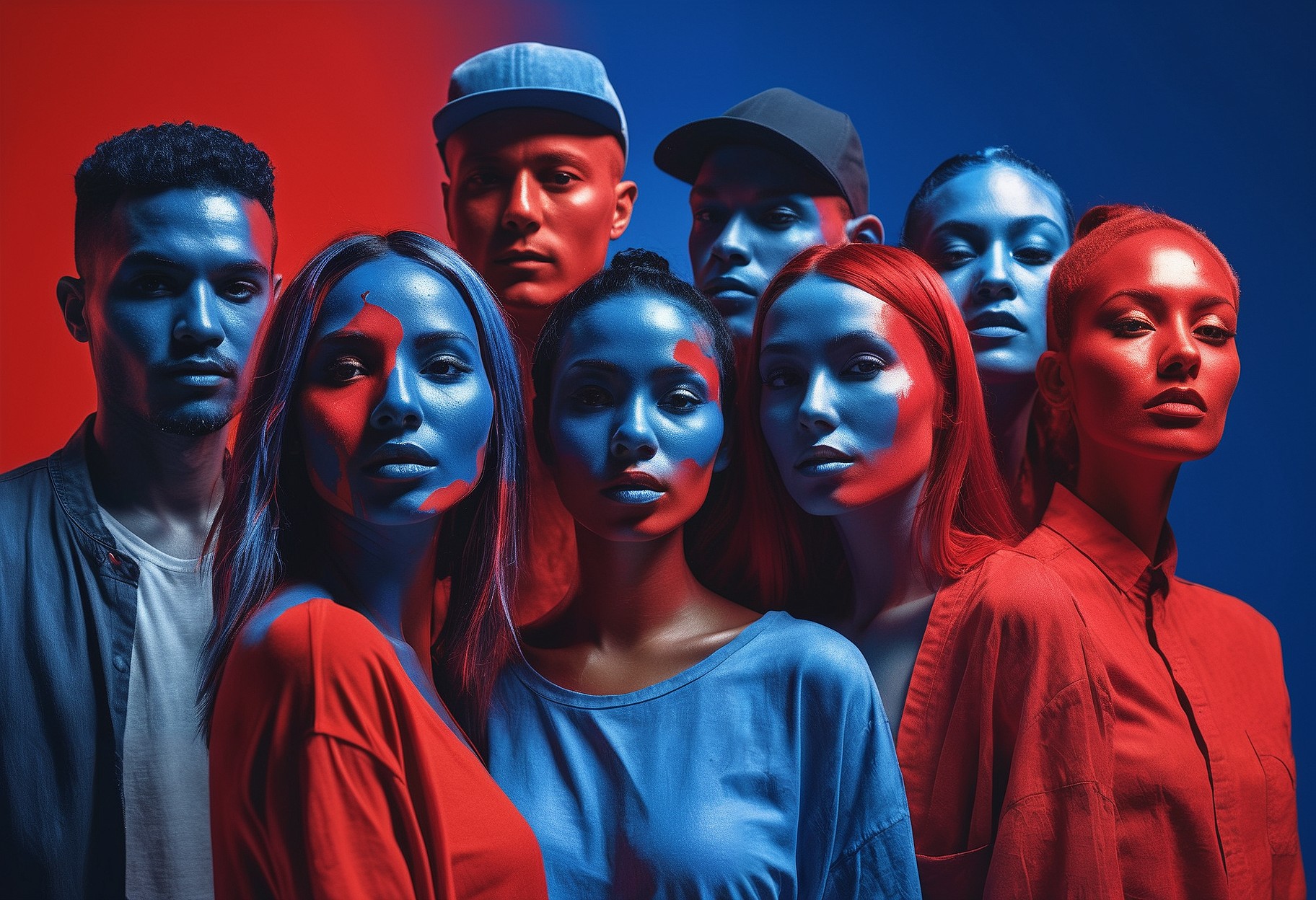 a picture of a Group of people, in the style of vibrant collage, color photography, spray painted, exotic, light indigo and red, close-up, studio photography, negative colors, split tones