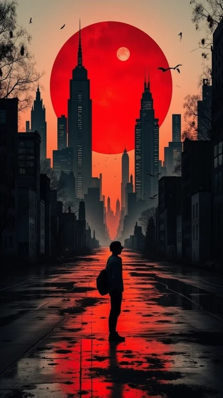 Urban skyline at dusk, featuring a dramatic, oversized red sun setting behind towering skyscrapers. The scene embodies a blend of retro and modern aesthetics, with an emphasis on an impressionistic style that showcases bold brush strokes and splashes of color. The background integrates dark, muted tones contrasted by vibrant reds and deep blacks, creating a stark, moody atmosphere. Elements of urban decay are visible, with gritty textures and overlays that suggest a sense of both chaos and beauty. The skyline is silhouetted against the sun, filled with varied architectural shapes, some leaning towards futuristic styles, while others reflect a more classic design. Overall, the composition evokes feelings of nostalgia and introspection, enhanced by a gritty yet vibrant color palette. bo-exposure, double exposure,