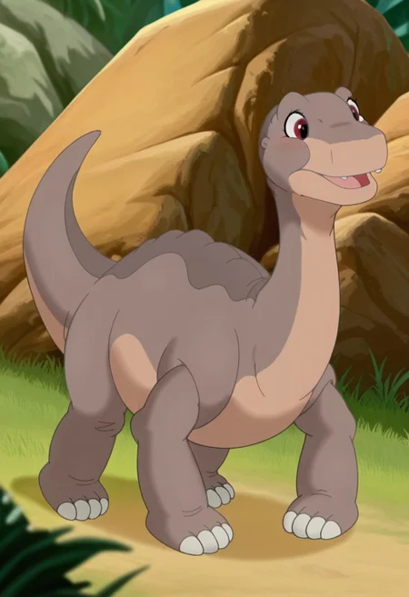 masterpiece, best quality, amazing quality,  Littlefootlbttvil, feral, male, Apatosaurus, sauropod, brown skin, red-brown eyes,