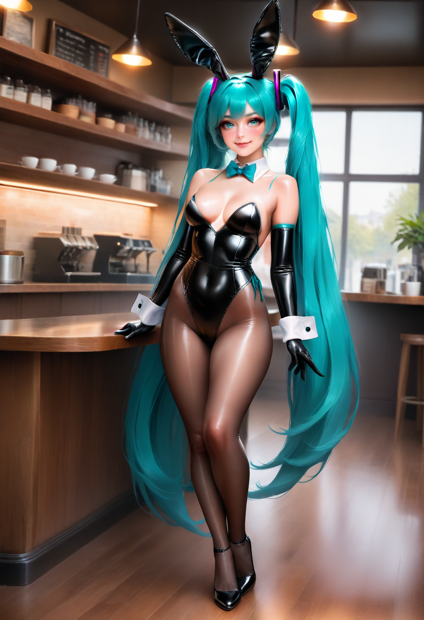 masterpiece, newest,
1girl, shiny skin, bunny girl, hatsune miku, standing, light smile, head tilt, absurdres, long gloves, cafe, leotard, pantyhose <lora:wreal_consolidated:1> realistic