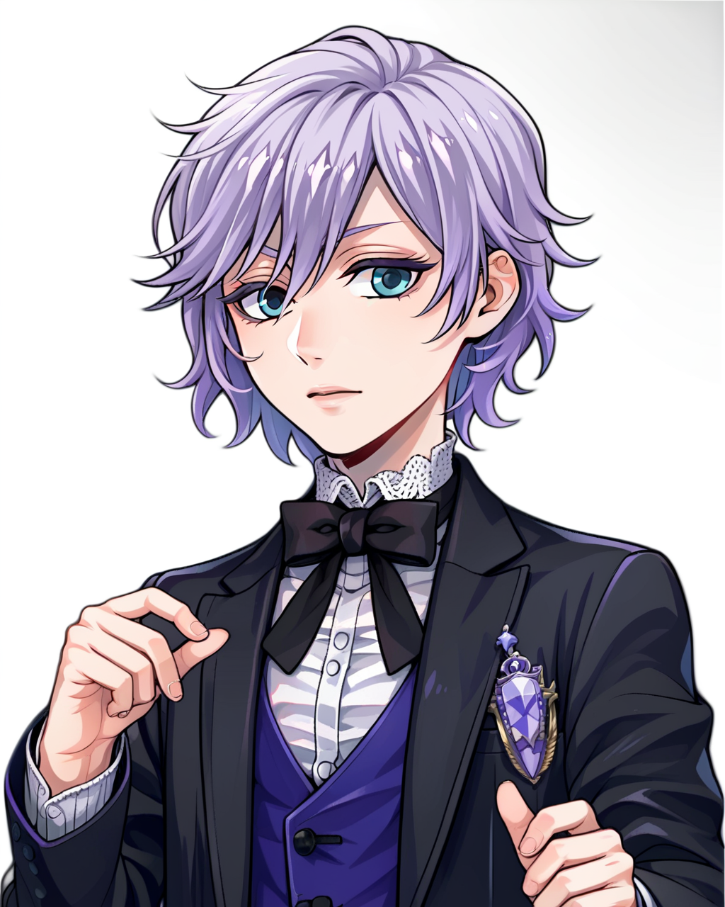 <lora:Epel FelmierPDXL_v1:1>1boy, Epel FelmierPDXL, solo, male focus, bow, formal, bowtie, School uniform, black blazer, purple vest,, score_9, score_8_up, score_7_up,