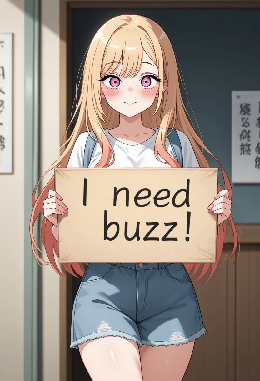 masterpiece, best quality, amazing quality, 8k, cowboy shot, 1girl, need_buzz, holding sign, solo, kitagawa marin