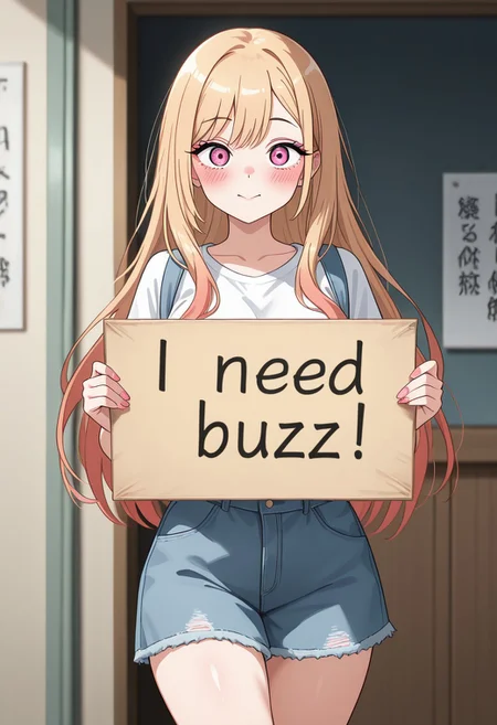 masterpiece, best quality, amazing quality, 8k, cowboy shot, 1girl, need_buzz, holding sign, solo, kitagawa marin