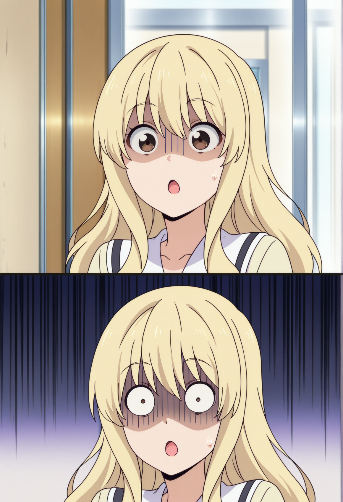 anime screenshot, anime screencap, anime coloring, 1girl, blonde hair, brown eyes, surprised, shaded face, o_o, parody <lora:aho_blondie:1>, masterpiece, best quality, amazing quality, very aesthetic, absurdres, highres, newest