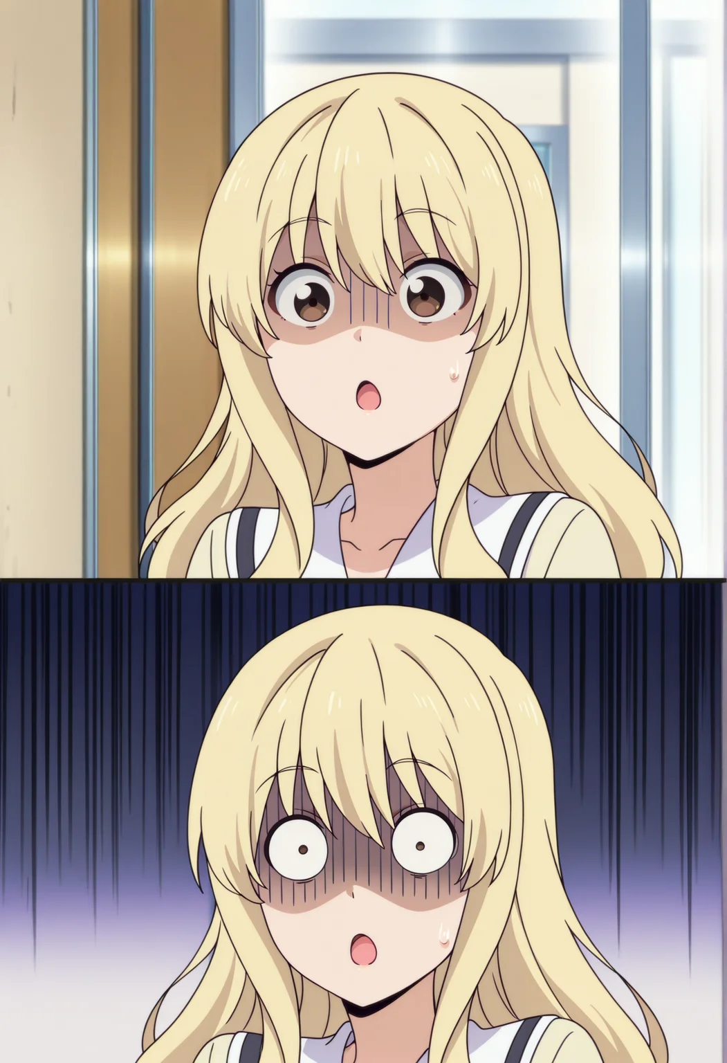 anime screenshot, anime screencap, anime coloring, 1girl, blonde hair, brown eyes, surprised, shaded face, o_o, parody <lora:aho_blondie:1>, masterpiece, best quality, amazing quality, very aesthetic, absurdres, highres, newest