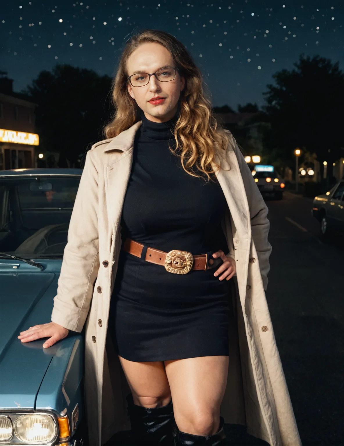 score_9, score_8_up, score_7_up, <lora:ja_pony:1>, serbian, long wavy blonde hair, milf, mature_female, wide_hips, big ass, huge breasts,thick thighs,, wearing sleeveless navy turtleneck, high-waisted tweed knee-length pencil skirt, Over-the-knee boots in suede, A thin belt, trench coat, set in the year 1940s, in a classic drive-in theater, with vintage cars, retro concession stand, large outdoor screen, starry night sky, during sunset, depth of field, highly detailed, Rim Lighting,