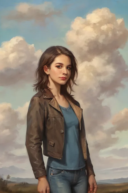 score_9, score_8_up, score_7_up, score_6_up, score_5_up, score_4_up, rating_safe, 1girl, solo, denim, brown hair, jacket, shirt, outdoors, pants, looking at viewer, jeans, lips, realistic, cloud, jewelry, blue shirt, medium hair, long sleeves, cloudy sky, brown eyes, sky, open clothes <lora:Oil Painting Style XL:1>