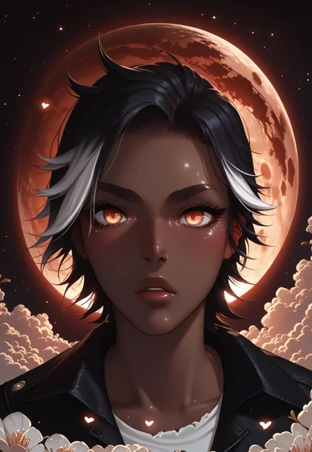 safe_pos, score_9,score_8_up,score_7_up,score_6_up, 1boy, ((BREAK)), sexy man, Khitli Viera, ((dark skinned man)), toned muscles, tall, ((no human ears)), ((short black hair with white highlights)), ((black and white goatee)), rugged features, ((black jacket with no shirt showing muscles)), ripped blue jeans, boots, ((large expressive golden eyes)), looking to the right, gesturing pose with arm to the right, high res image, masterpiece, dynamic shot, <lora:Expressive_H:0.65> <lora:incase-ilff-v3-4:0.5> <lora:g0th1cPXL:0.45> <lora:Branwen_QBR:0.7>, high gradient eyes, eyesHD, dynamic pose, dynamic, detailed eyes, high definition eyes, amazing quality, wallpaper, wide angle, castle, exterior, nighttime, moon, moonlight, stars, gargoyle. bats, dead trees, creepy