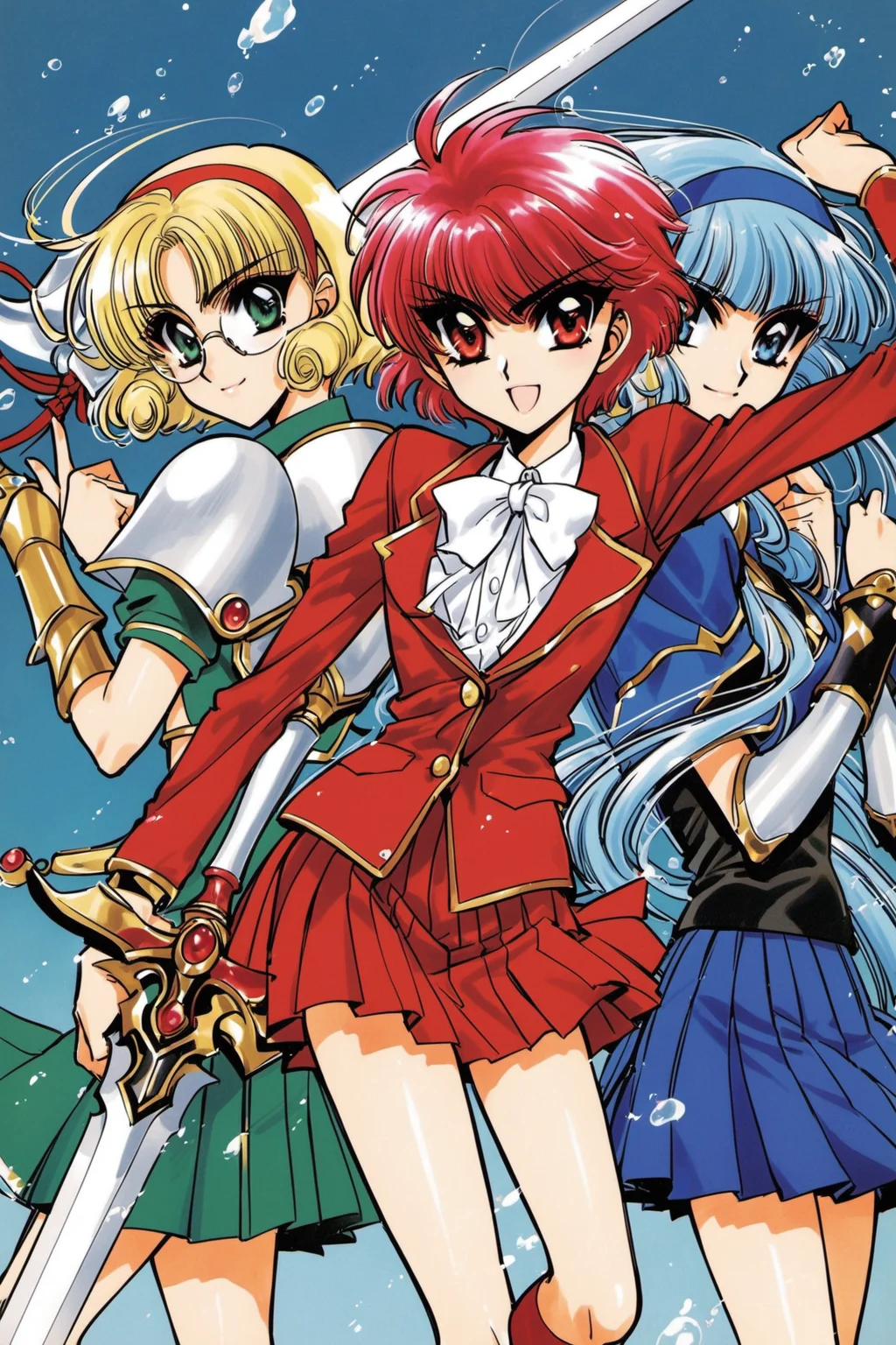 Shidou Hikaru,Ryuuzaki Umi,Hououji Fuu,3girls,multiple girls,blue hairband,sword,hairband,armored dress,1990s \(style\),weapon,green eyes,armor,retro artstyle,short hair,skirt,blue eyes,glasses,blonde hair,school uniform,red hair,blue hair,round eyewear,long hair,red eyes,blue skirt,green skirt,smile,<lora:Magic knight Rayearth_XL:0.8>,
