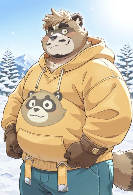 (safe for work, no naughty stuff, rating_safe), solo, masterpiece, best quality, newest, absurdres, highres, high quality, highly detailed, furry male, raccoon dog, mature male, ((highly detailed eyes, perfect eyes)), ((4 fingers)), perfect hands
Pong, Crave Saga, golden eyes, thick eyebrows, short hair, brown fur, two tone fur, sweater, trunks, baggy garments, snow background, soft lighting, chubby, beard