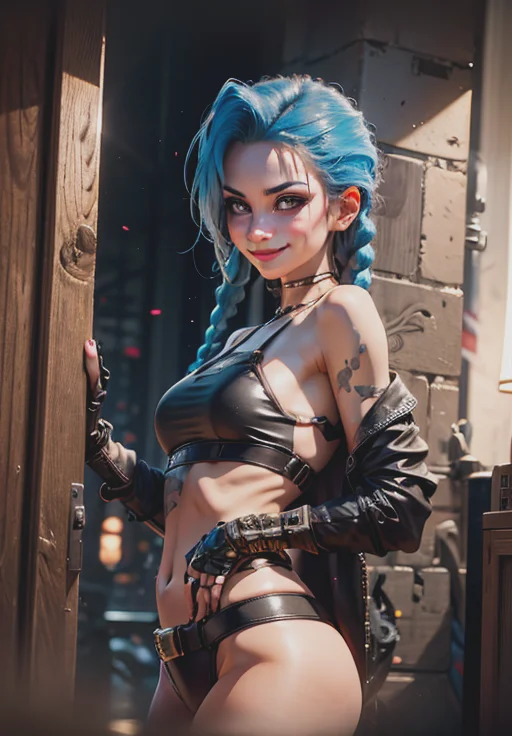 <lora:jinx:0.8>, jinx, smirk,, (acclaimed, alluring, captivating, exciting, gorgeous, striking:1.3)