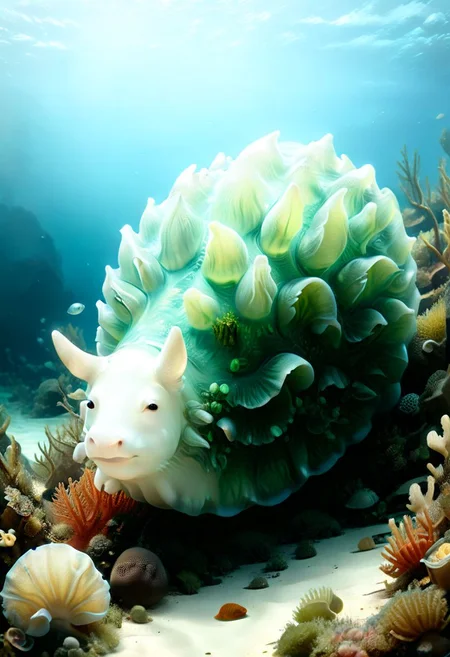 happy cow in the shape of a sea snail, tilted, glowing,translucent Subsurface Scattering ,at the bottom of the coral reef,aquatic vegetation,shells,underwater, 8k, leafsheep