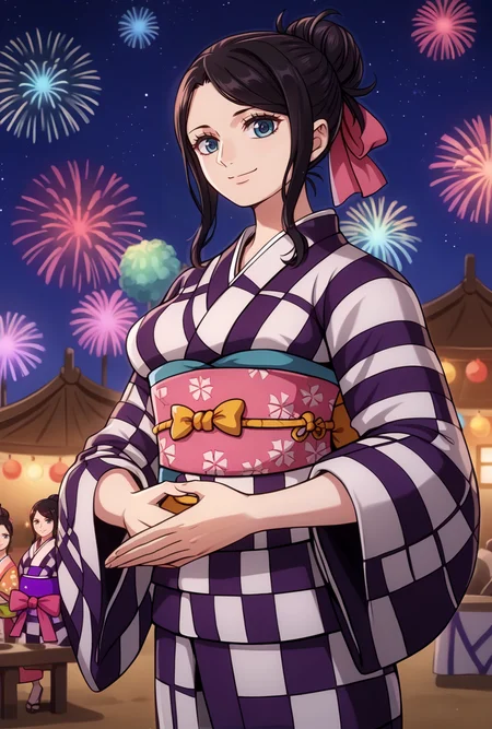 score_9, score_8_up, source_anime, BREAK solo, 1girl, looking at viewer, cowboy shot,
<lora:NicoRobinAIOPostPart3PdxlDwnsty-000008:0.8>, wanokimino, blue eyes, black hair, hair up, long hair, ponytail, hair bun, hair ribbon, pink ribbon, japanese clothes, checkered clothes, sash, purple obi,
large breasts, smile, own hands together,
outdoors, festival, summer festival, fireworks, starry sky,