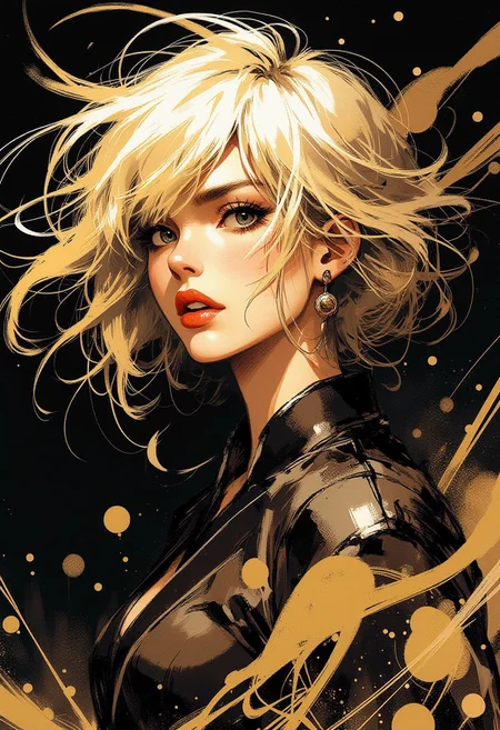 in the style of ck-mgs, nistyle, Special Ink-drawing mode, intricate linework with expressive contrasts, Mh1$AgThS2, Inkplash art on rice paper, sepia, henna , Silhouette Art, magnificent, dark background, inksplash portrait of stunning japanese woman, messy long platinum hair, bangs, sidelocks, seductive, sultry, lustful, red lips, direct gaze, light hitting one side of face, inksplash abstract background