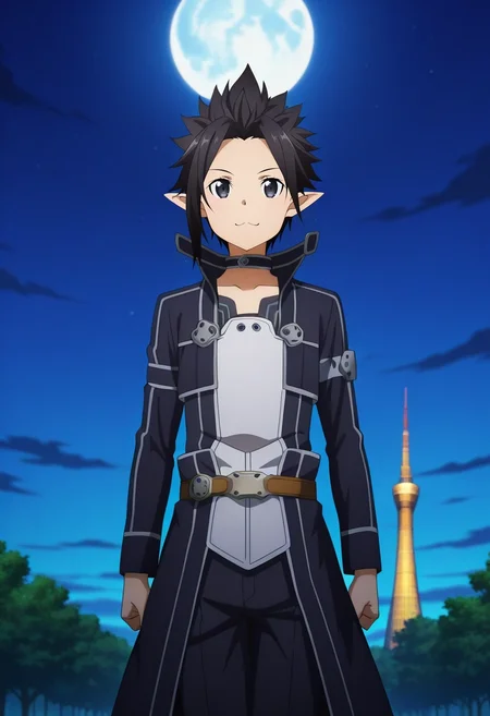 masterpiece, best quality, intricate details, anime screencap, anime coloring, official style, looking at viewer, 1boy, solo, male focus, <lora:kazuto_kirigaya_ilxl:0.92>, kazuto_kirigaya_alo, black hair, black eyes, short hair, pointy ears, spiked hair, sao-alo, kirito \(sao-alo\), wide angle, wide shot, cowboy shot, skytree, night, full moon, legs together, :\3,