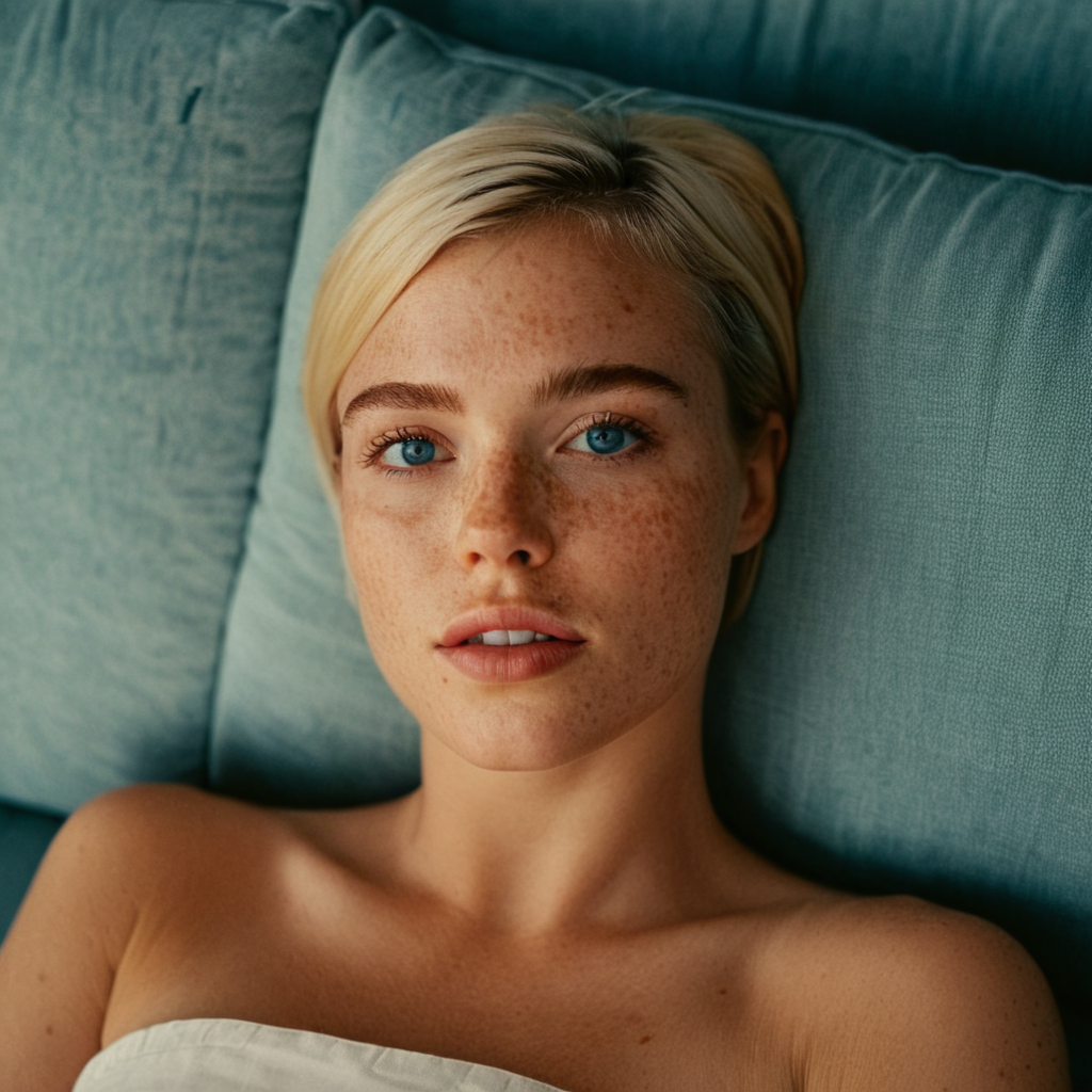 cinematic film still of  <lora:detailed_notrigger:0.3>
<lora:facial expression style v2:0.1>
<lora:perfection style:0.2> perfection style
<lora:TeethXL:0.1>
<lora:detailed:0.1> detailed
 <lora:skin texture style:1>
A cinematic skin texture style still image of a woman laying on a couch with her head on her arm, detailed skin pore, film still, still photography style, sharp style, detailed style, perfect style, perfection style, Kodak film skin tone style, fujifilm skin tone style, professional photography style, skin textured, skin texture style, 1girl, solo, looking at viewer, short hair, open mouth, blue eyes, blonde hair, teeth, lips, portrait, freckles, realistic, bare shoulders, traditional media, collarbone, parted lips, high angle from above, acne, realistic skin style
, shallow depth of field, vignette, highly detailed, high budget, bokeh, cinemascope, moody, epic, gorgeous, film grain, grainy
