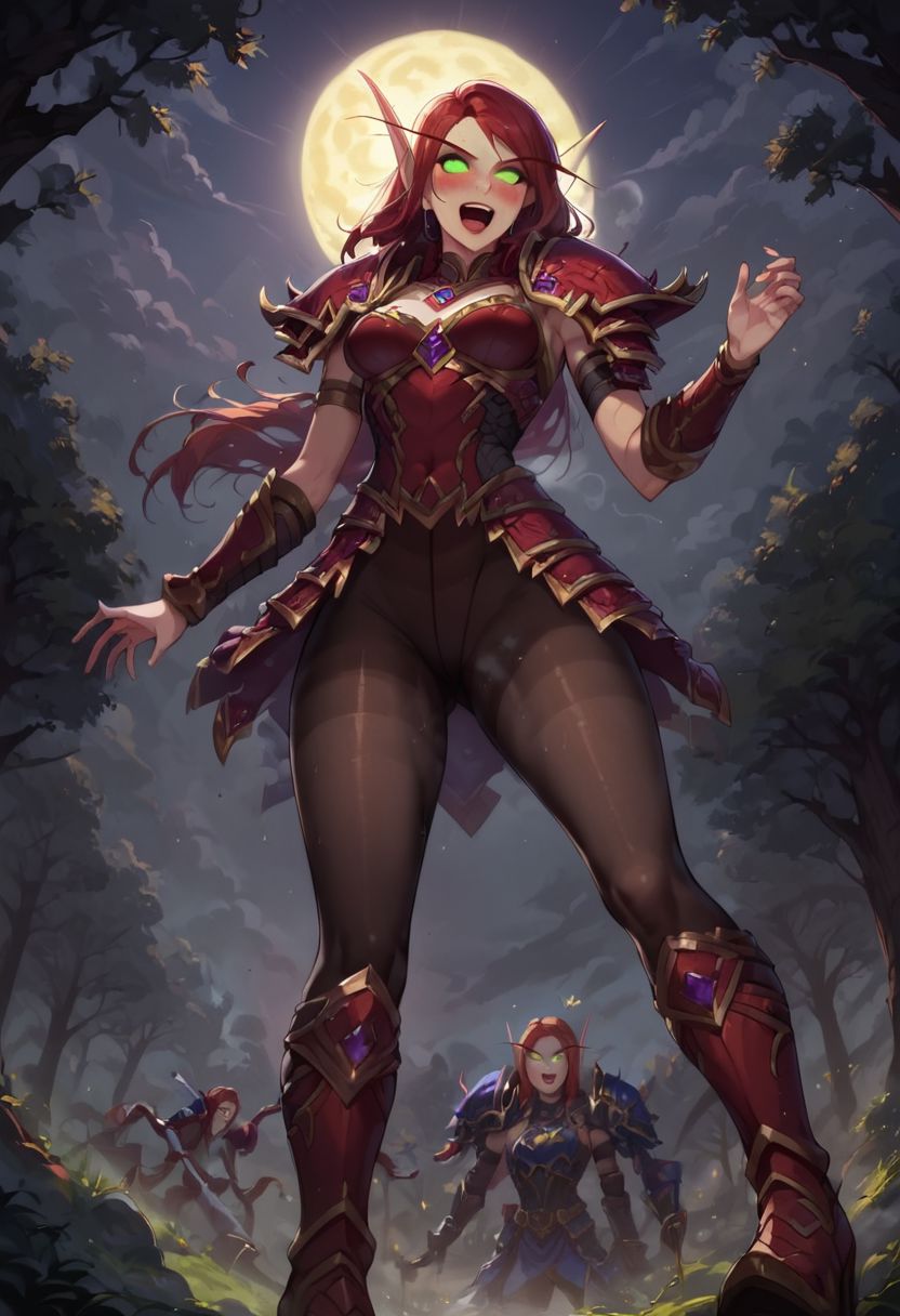 score_9, score_8_up, score_7_up, source anime, anime screencap, masterpiece, expressive eyes, perfect face, cinematic lighting, volumetric lighting, Expressiveh, blood elf from warcraft, red hair , green eyes, warcraft armor, blood elf armor, red armor boots with high heels, oiled skin, voluptuous, toned, dark theme, low light, solo,  musk, breath, steam, sweaty, sweating, ((blush)), small breasts,  smile,  dynamic pose, seductive pose, full-length photo,full-length portrait, smile,smug smile, boots over knees, pantyhose,
outdoors, moon and stars, forest, crotch kick, ballbusting,  shocked, pain, open mouth ,crotch kick, ,ballbusting,  ,<lora:crotch_kick:1.8>,  a leg kicking from below, foot kicking