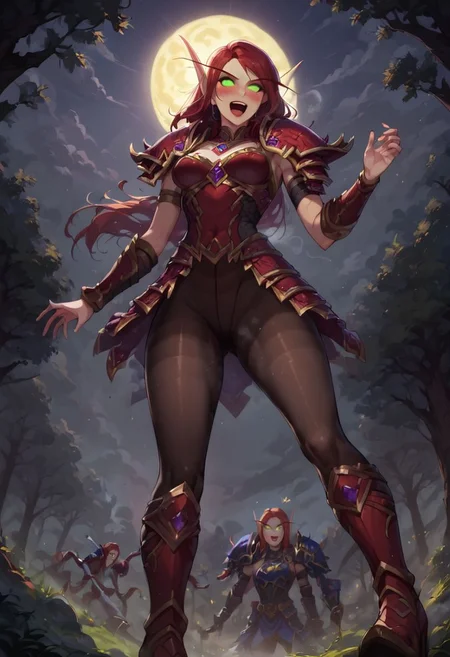 score_9, score_8_up, score_7_up, source anime, anime screencap, masterpiece, expressive eyes, perfect face, cinematic lighting, volumetric lighting, Expressiveh, blood elf from warcraft, red hair , green eyes, warcraft armor, blood elf armor, red armor boots with high heels, oiled skin, voluptuous, toned, dark theme, low light, solo, musk, breath, steam, sweaty, sweating, ((blush)), small breasts, smile, dynamic pose, seductive pose, full-length photo,full-length portrait, smile,smug smile, boots over knees, pantyhose,
outdoors, moon and stars, forest, crotch kick, ballbusting, shocked, pain, open mouth ,crotch kick, ,ballbusting, ,<lora:crotch_kick:1.8>, a leg kicking from below, foot kicking