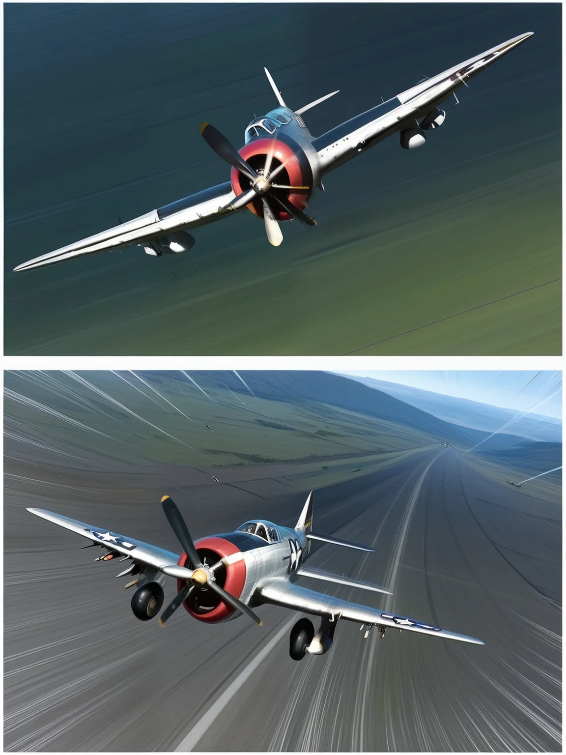 <lora:P-47_Thunderbolt_Illustrious:1.0> (p-47 thunderbolt:1.05), dogfight, flying, high_altitude, dynamic composition, ultra realistic, speed lines, manga, frames