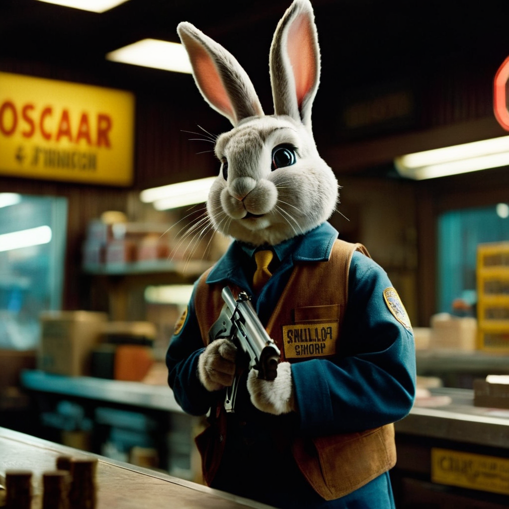 cinematic film still of  <lora:Kodak Motion Picture Film Style:1> "Detailed" "Sharp" "Vision 500T"
An Oscar winning movie for Best Cinematography a rabbit sitting in front of a gun smith shop in a dark room Kodak Motion Picture Film Style, shallow depth of field, vignette, highly detailed, high budget, bokeh, cinemascope, moody, epic, gorgeous, film grain, grainy