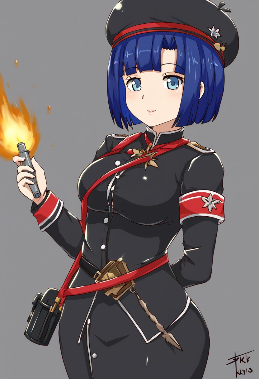 Sn0w_W1hite_MS holding a bomb.
Sn0w_W1hite_MS, military uniform, long sleeves, black clothes, blue hair