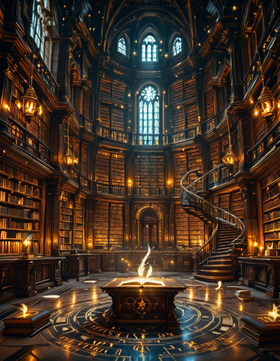 grand enchanted library filled with towering wooden bookshelves that stretch endlessly into the distance, packed with ancient, leather-bound books glowing with mystical runes. The atmosphere is illuminated by floating candles and ethereal blue and golden lights that hover in the air, casting a warm, magical glow. A spiral staircase made of dark oak winds upward, disappearing into the shadows of the high-vaulted ceiling adorned with intricate celestial carvings. Wisps of enchanted mist swirl around the floor, while some books levitate gently from shelf to shelf, as if guided by an unseen force. The air shimmers with dust particles suspended in soft, golden light filtering through stained glass windows, depicting mythical creatures and arcane symbols. The scene is rich in deep, warm tones of mahogany, gold, and sapphire, evoking a sense of wonder, mystery, and timeless knowledge. The image is highly detailed and photorealistic, capturing the textures of the aged books, the glow of magical elements, and the enchanting stillness of this mystical sanctuary of wisdom.
<lora:SDXLFaeTastic2400:0.4> <lora:extremely_detailed:0.4> extremely detailed,<lora:3nch4nt3d_l1br4ry-ill:1>,3nch4nt3d l1br4ry, Masterpiece,best quality,hi res,8k,hi res,8k,award winning,(sharp focus, intricate, highly detailed),