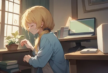 score_9, score_8_up, score_7_up, source_anime,
ellen baker, blonde hair, closed eyes, long hair, ponytail, scrunchie, mature female,
casual,
indoors, living room, desk, computer, crying,
from side, cowboy shot, dutch angle,