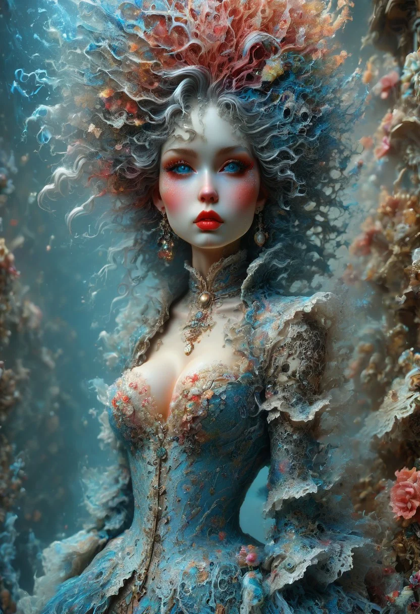 epiCRealism, amazing quality, masterpiece, ral-dissolve, best quality, hyper detailed, ultra detailed, UHD, perfect anatomy,hyper-realism, (colorful), cinematic lighting, realistic, extremely detailed, perfecteyes, beautiful detailed face, full body shot photography of a rococo-punk female figure, large breasts, narrow waist, cleavage, porcelain face, shy smile, realistic light blue eyes, red lipstick, rococo-Style, Stunning Beauty, extremely intricate details, clockworks, flowing hair, exaggerated elements, detailed textures. ral-disolve, surreal, areola slip, extremely detailed, Rococo, Blush,Whitewash face, Rococo hair/lips