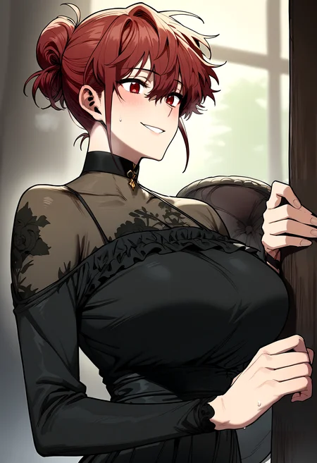 score_9, score_8_up, score_7_up, score_6_up, source_anime, rating_explicit, <lora:neg4all_bdsqlsz_V3.5:2.0>1girl, (solo:1.2), huge breasts, <lora:Lee Seol-ahponyxl:1> red hair, red eyes, hair between eyes, single hair bun, black dress, floral print see-through, black choker, long sleeves, smile, Narrow shoulders, sweat, heavy breathing, steaming body, banquet hall, indoor