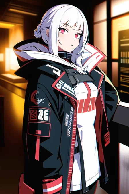 1girl, white hair, long hair, techwear <lora:strlxsslora:1>, masterpiece, bestquality, realistic, realism, jacket