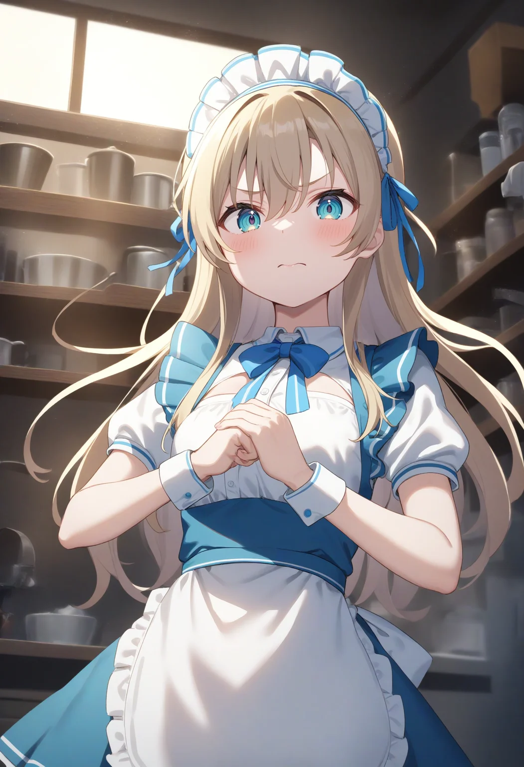 1girl,sincos, ningen mame, toosaka asagi,solo,medium breasts,20yo,maid,maid headdress,
cracking knuckles, own hands together, fist in hand,<lora:crackingknuckles_XL_v1:0.8>
dutch angle, upper body, looking at viewer, blonde hair, silver eyes,troubled eyebrows, tool Shop, closed mouth, bowl cut hair,,
best quality, very aesthetic, absurdres