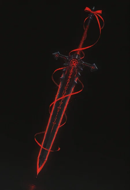 lazypos, vera_awa, EdgeOfAvarice, greatsword, glowing red runes, dark fantasy, demonic weapon, elegant, single weapon, extremely high detail, glowing runes, power, flowing ribbon, black background, dutch angle, floating, crimson energy