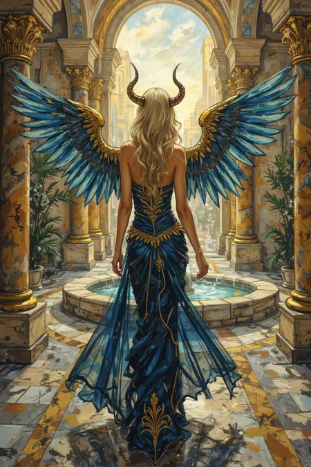 <lora:ck-Ivan-Beslic-Art-Style-000019.safetensors:1> A highly detailed and vibrant digital painting in the style of ck-ib
A regal, winged female figure walks towards a central fountain in a grand architectural setting, dressed in a stunning, form-fitting gown with deep blue and gold hues. Delicate horns and expansive wings accentuate her divine appearance, set against a warm, soft cityscape background.